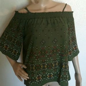 Sweet Wanderer Green Boho off shoulder top